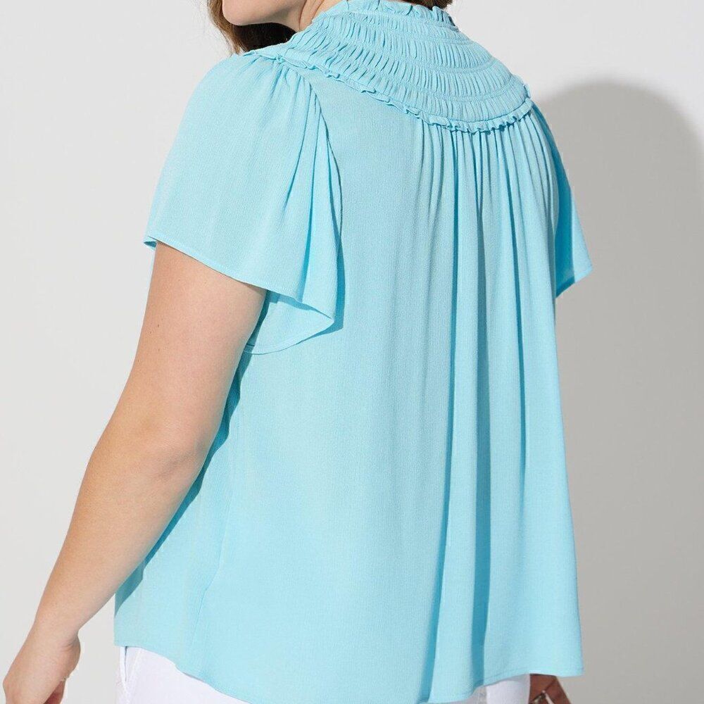 Torrid‎ Smocked Yoke Ruffle Turquoise Top Size 2 - Picture 2 of 10